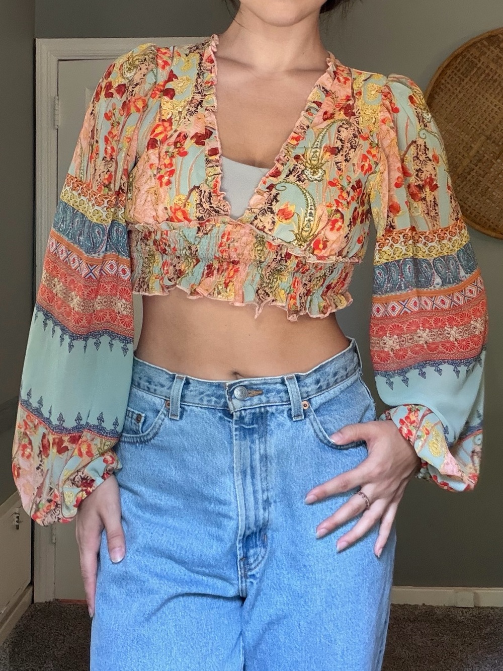Sage & Coral Floral Smocked Cropped Peasant Top - Picture 3 of 13